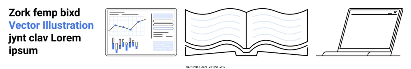 Text block, data analytics screen with line and bar graphs, open book, laptop. Ideal for business analysis, education, technology integration, digital learning, digitization, data visualization
