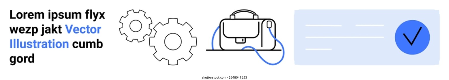 Text block with dummy text alongside abstract line art of gears, a machine, and a checkmark in a blue box. Ideal for technology, engineering, automation, business, productivity, manufacturing