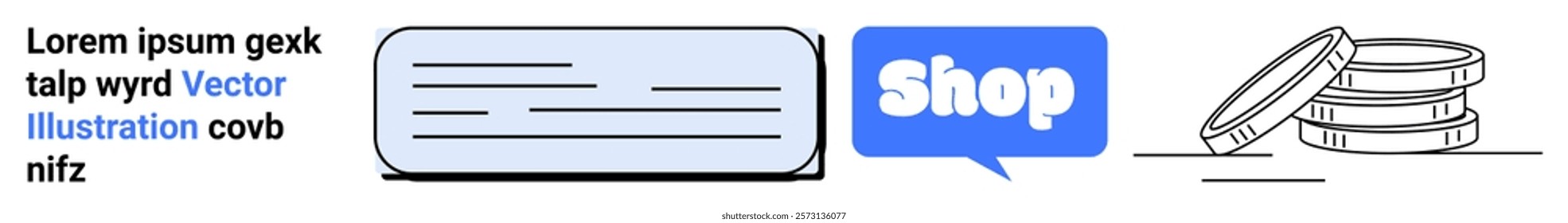 Text block with filler content followed by a card element and a blue Shop button speech bubble next to a stack of coins. Ideal for e-commerce, shopping, marketing, finance, and UI design. Banner for