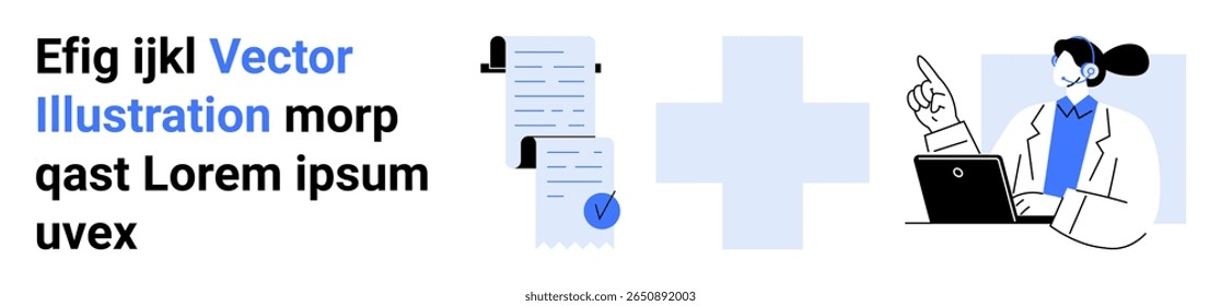 Bloco de texto, profissional de saúde apontando para um notebook, documentos com marca de seleção e sinal de cruzamento. Ideal para sites médicos, aplicativos médicos, blogs médicos, e-learning, apresentações, saúde