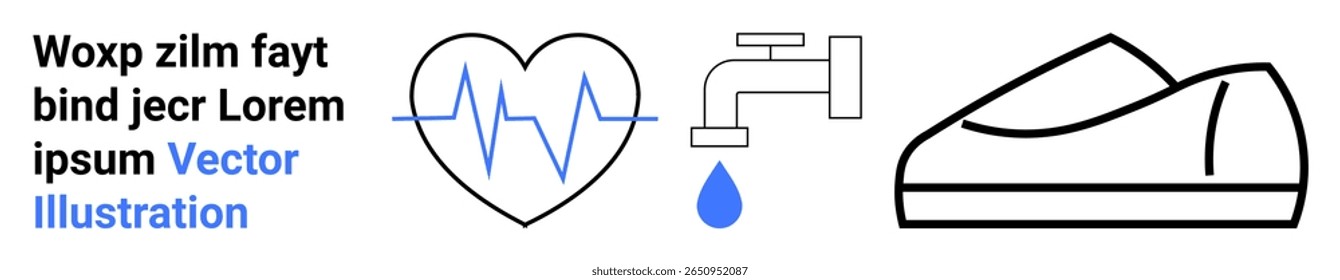 Text block, heartbeat line in blue heart, faucet with blue droplet, black sneaker. Ideal for health, water conservation, plumbing, footwear, fitness, vector graphics, minimal design. Landing page