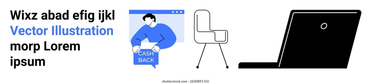 Bloco de texto, pessoa segurando sinal cashback, cadeira moderna, laptop elegante. Ideal para empresas, comércio eletrônico, escritório, start-up, marketing, trabalho remoto, página inicial de tecnologia