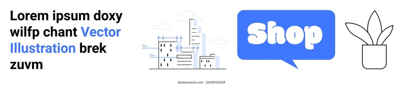 Bloco de texto com conteúdo de espaço reservado, paisagem urbana em cinza, grande bolha de fala azul com texto Compras e contorno de planta. Ideal para e-commerce, publicidade, marketing digital, temas urbanos e modernos