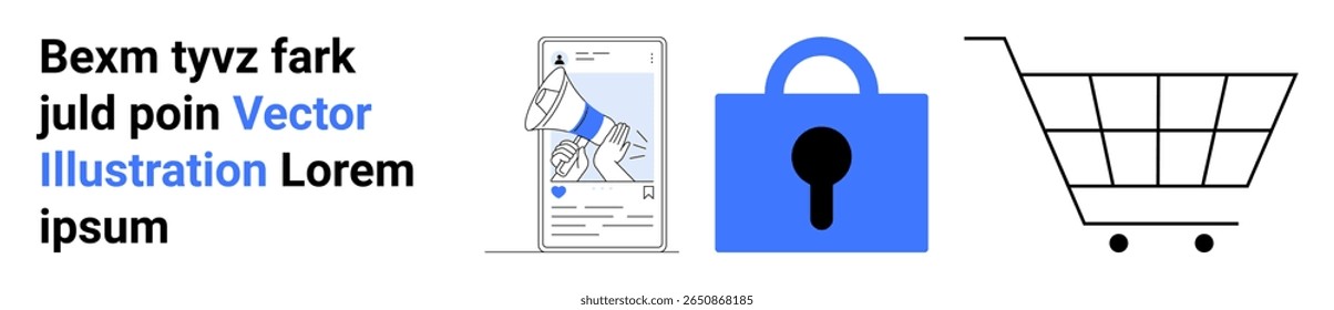 Text block with placeholder text, digital marketing graphic with megaphone, blue padlock representing security, and a shopping cart symbolizing e-commerce. Ideal for online business, digital