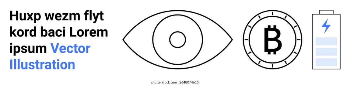 Bloco de texto com texto de espaço reservado, olho minimalista, símbolo Bitcoin e ícone de bateria com raio. Ideal para tecnologia, finanças, energia, visão, design minimalista, web moderna, negócios. Aterrissagem