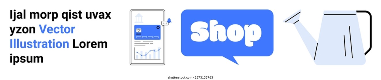 Text block with placeholder text, a mobile phone displaying an app, a speech bubble with Shop text, and a watering can. Ideal for e-commerce, gardening, advertising, mobile apps, and shopping. Banner