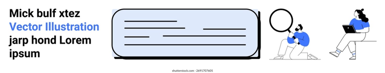 Text block with placeholder text, person sitting with laptop, and person communicating with chat bubble. Ideal for technology, communication, teamwork, messaging, online interaction, remote work