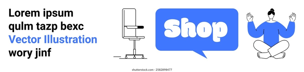 Text block with placeholder text, a simple chair, a blue shop button, and a man in meditation pose. Ideal for e-commerce, relaxation, lifestyle, business, and tech. Banner for landing page