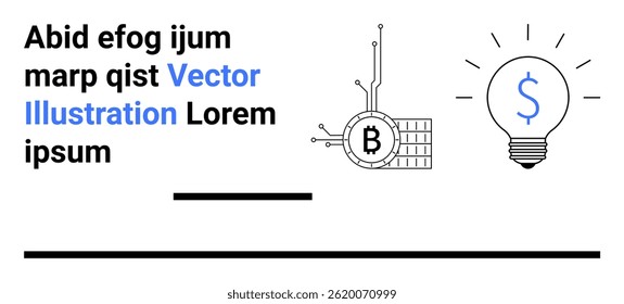Text block with random words, lightbulb with dollar sign, Bitcoin symbol with circuit illustration. Ideal for fintech, cryptocurrency, technology, finance, innovation, startups, presentations