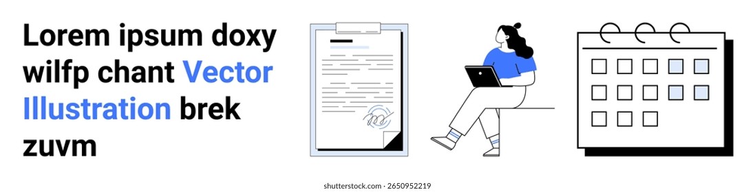 Bloco de texto, documento assinado na área de transferência, pessoa com laptop, calendário com eventos. Ideal para gerenciamento de projetos, agendamento, tarefas, produtividade, gerenciamento de tempo, fluxos de trabalho, negócios. Página inicial