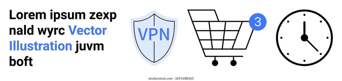 Bloque de texto, escudo VPN, Carrito de compras con notificación, reloj. Ideal para la seguridad en línea, comercio electrónico, gestión del tiempo, privacidad digital, seguridad de Web, procesamiento de transacciones. Página de destino