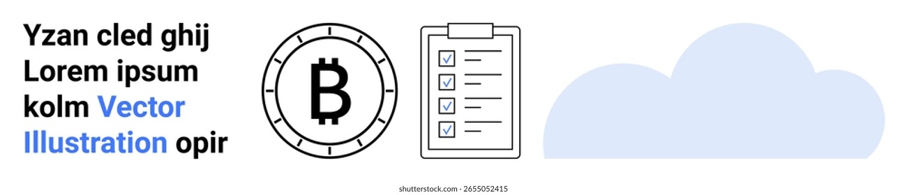 Blocos de texto, símbolo Bitcoin, lista de verificação com marcas de verificação, forma de nuvem cinza. Ideal para tecnologia, finanças, criptomoeda, computação em nuvem, organização, transações digitais, página inicial de negócios