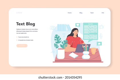 Banner web de blog de texto o página de inicio. Compartir contenido de los medios en internet. Idea de medios sociales y redes. Comunicación en línea, ocupación creativa o hobby. Ilustración vectorial plana aislada