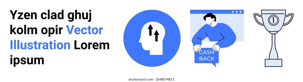 Text, blue arrows in human head, person with cash back sign, trophy icon. Ideal for marketing, advertising, achieving goals, financial success, reward programs, website headers, promotional