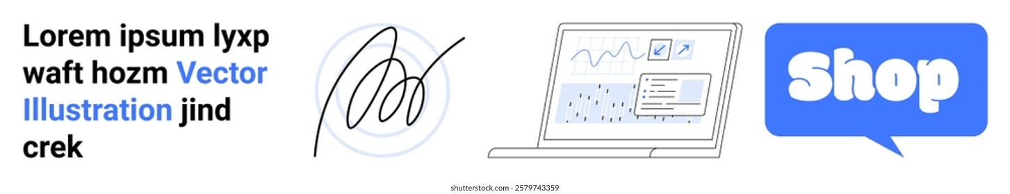Text with blue highlighted word, artistic signature, laptop with analytics, and Shop speech bubble. Ideal for online business, e-commerce, digital marketing, web analytics, and graphic design. Banner