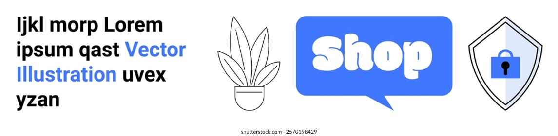 Text with blue keywords and random letters, a plant symbol, a speech bubble with Shop text, and a security shield icon with a lock. Ideal for e-commerce, shopping, security, digital marketing