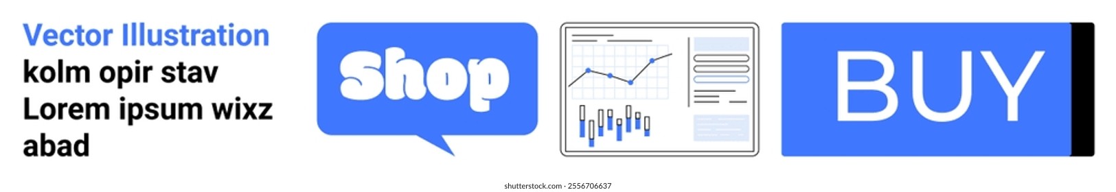 Text with blue Shop button in speech bubble, analytics graph, and blue BUY button. Ideal for online shopping, data analytics, digital marketing, e-commerce, business strategy. Landing page