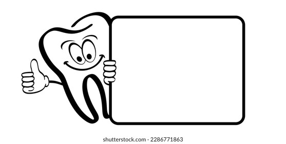 Text board. Cartoon tooth with gums and empty sigboard, Molar logo. Vector damage teeth brush or tooth brush with caries. Cracked tooth, mouth and dental, damaged. 