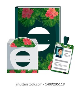 text book and cd ,document with tropical flowers print