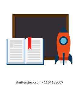 text book with chalkboard and rocket