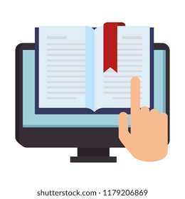 text book with computer and hand