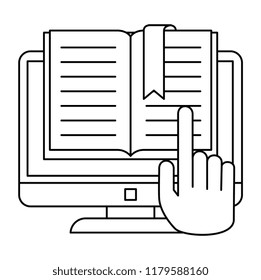 text book with computer and hand