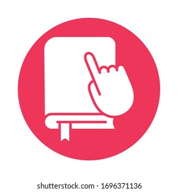 text book with hand indexing block style icon vector illustration design
