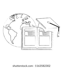 text book with hat graduation and world planet
