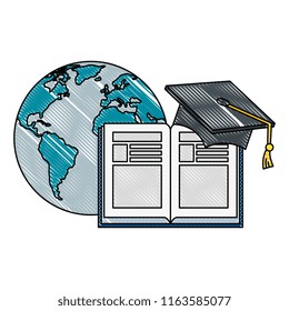 text book with hat graduation and world planet