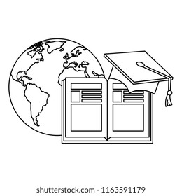 text book with hat graduation and world planet