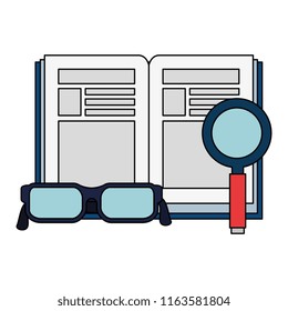 text book with magnifying glass and glasses