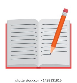 text book open with pencil writing