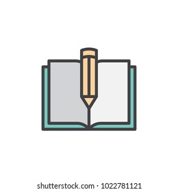 Text book and pen filled outline icon, line vector sign, linear colorful pictogram isolated on white. Notebook with pencil symbol, logo illustration. Pixel perfect vector graphics
