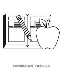 text book with pencil and apple