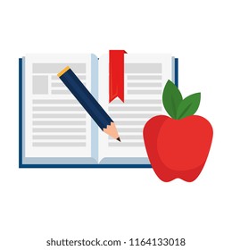 text book with pencil and apple