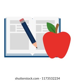 text book with pencil and apple