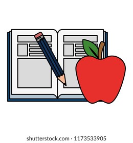 text book with pencil and apple