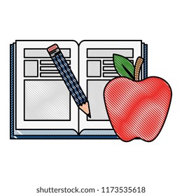 text book with pencil and apple