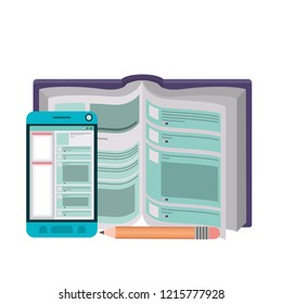 text book with pencil and smartphone icon