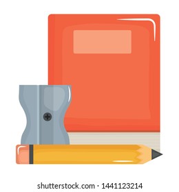 text book school supply with pencil and sharpener