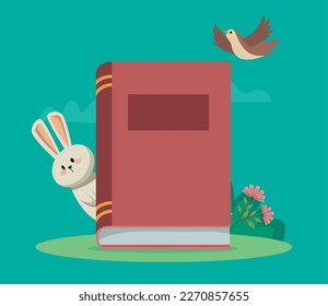 text book with spring animals icons
