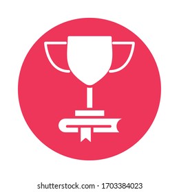 text book and trophy block style icon vector illustration design