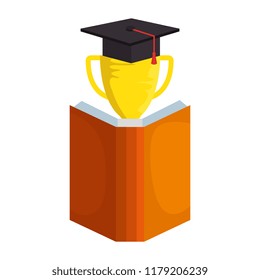 text book with trophy and hat graduation