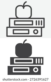 Text books with apple different style icon set. Line, outline and solid icon versions. Editable stroke vector sign and symbol for education learning. Books icon.