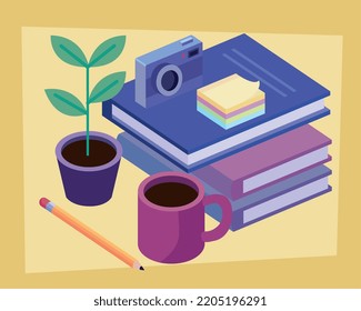 text books with camera and coffee