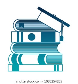 text books pile with graduation hat