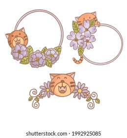 text border or frame in violet or purple cats and flowers theme 