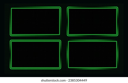 Text border frames, cyber tech visuals, thin neon green bright lights.