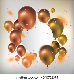  Text box banner with gold balloons and confetti. Greeting card. Vector illustration