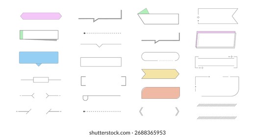 Texto da caixa texto texto texto explicativo, borda. Linha simples conjunto modelo vazio para título, elemento de design de linha divisória. Banner, elemento de rótulo de fita cômica.